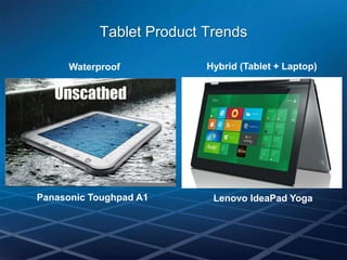 Tablet Product Trends

      Waterproof           Hybrid (Tablet + Laptop)




Panasonic Toughpad A1       Lenovo IdeaPad Yoga
 