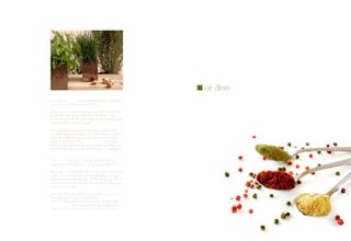 Le dîner
Ce catalogue Akkal est entièrement dédié à la table
et au beau péché de gourmandise…

Nous créons nos services avec en tête et au cœur
les images des repas d’amitié et de famille. Ces
bonheurs que l’on dit petits mais qui construisent des
souvenirs forts et émouvants.

Nous espérons que vous retrouverez dans notre
vaisselle une part du plaisir que nous avons eu à la
créer, et qu’elle sera pour vous une source d’inspi-
ration à l’instar du chef Damien Durand qui nous a
fait l’honneur d’illustrer par ses créations culinaires la
présentation des services de table de ce catalogue.


This Akkal catalogue is entirely dedicated to the
table and to the sweet sin of loving good food….

We create our tableware with in our minds and in our
hearts, the reminiscence of unforgettable evenings
amongst friends and family. These seemingly insigni-
ficant moments are actually the source of strong and
touching memories.

We hope that you will find in our dishes a piece of
the pleasure we had creating them.
And that they will inspire you as they did the chef
Damien Durand who honoured us by illustrating the
dishes of this catalogue with his culinary creations.
 