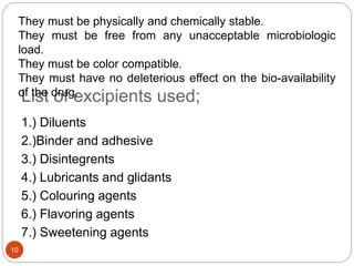 List of excipients used;
1.) Diluents
2.)Binder and adhesive
3.) Disintegrents
4.) Lubricants and glidants
5.) Colouring agents
6.) Flavoring agents
7.) Sweetening agents
They must be physically and chemically stable.
They must be free from any unacceptable microbiologic
load.
They must be color compatible.
They must have no deleterious effect on the bio-availability
of the drug.
10
 