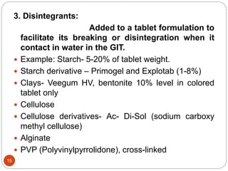 3. Disintegrants:
Added to a tablet formulation to
facilitate its breaking or disintegration when it
contact in water in the GIT.
 Example: Starch- 5-20% of tablet weight.
 Starch derivative – Primogel and Explotab (1-8%)
 Clays- Veegum HV, bentonite 10% level in colored
tablet only
 Cellulose
 Cellulose derivatives- Ac- Di-Sol (sodium carboxy
methyl cellulose)
 Alginate
 PVP (Polyvinylpyrrolidone), cross-linked
15
 