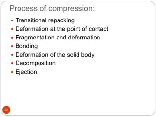 Process of compression:
32
 Transitional repacking
 Deformation at the point of contact
 Fragmentation and deformation
 Bonding
 Deformation of the solid body
 Decomposition
 Ejection
 