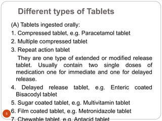Different types of Tablets
(A) Tablets ingested orally:
1. Compressed tablet, e.g. Paracetamol tablet
2. Multiple compressed tablet
3. Repeat action tablet
They are one type of extended or modified release
tablet. Usually contain two single doses of
medication one for immediate and one for delayed
release.
4. Delayed release tablet, e.g. Enteric coated
Bisacodyl tablet
5. Sugar coated tablet, e.g. Multivitamin tablet
6. Film coated tablet, e.g. Metronidazole tablet5
 