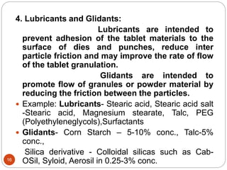 4. Lubricants and Glidants:
Lubricants are intended to
prevent adhesion of the tablet materials to the
surface of dies and punches, reduce inter
particle friction and may improve the rate of flow
of the tablet granulation.
Glidants are intended to
promote flow of granules or powder material by
reducing the friction between the particles.
 Example: Lubricants- Stearic acid, Stearic acid salt
-Stearic acid, Magnesium stearate, Talc, PEG
(Polyethyleneglycols),Surfactants
 Glidants- Corn Starch – 5-10% conc., Talc-5%
conc.,
Silica derivative - Colloidal silicas such as Cab-
OSil, Syloid, Aerosil in 0.25-3% conc.16
 