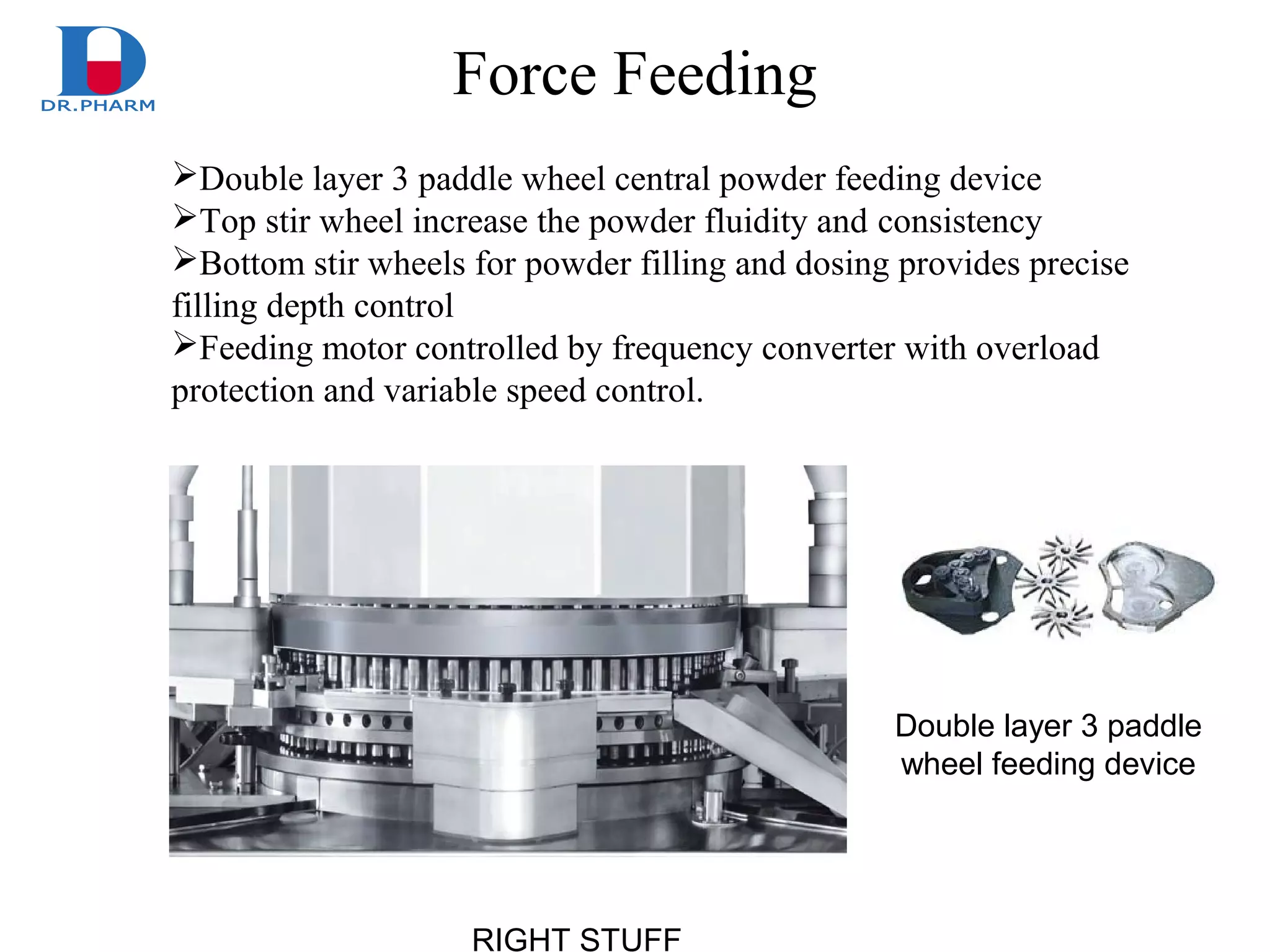 RIGHT STUFF
Force Feeding
Double layer 3 paddle wheel central powder feeding device
Top stir wheel increase the powder fluidity and consistency
Bottom stir wheels for powder filling and dosing provides precise
filling depth control
Feeding motor controlled by frequency converter with overload
protection and variable speed control.
Double layer 3 paddle
wheel feeding device
 