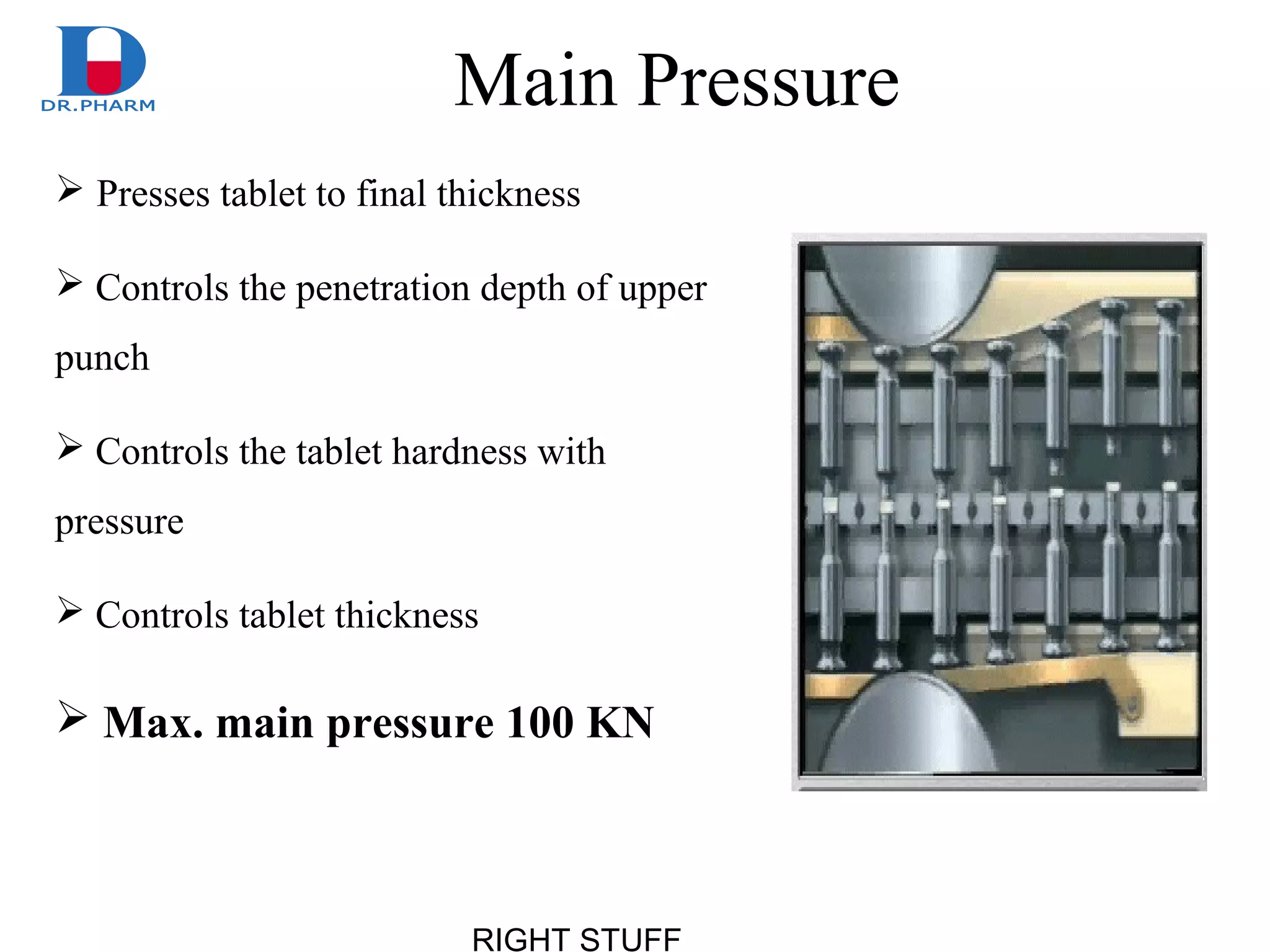 RIGHT STUFF
Main Pressure
 Presses tablet to final thickness
 Controls the penetration depth of upper
punch
 Controls the tablet hardness with
pressure
 Controls tablet thickness
 Max. main pressure 100 KN
 