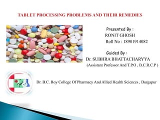 Presented By :
RONIT GHOSH
Roll No : 18901914082
Guided By :
Dr. SUBHRA BHATTACHARYYA
(Assistant Professor And T.P.O , B.C.R.C.P )
Dr. B.C. Roy College Of Pharmacy And Allied Health Sciences , Durgapur
 