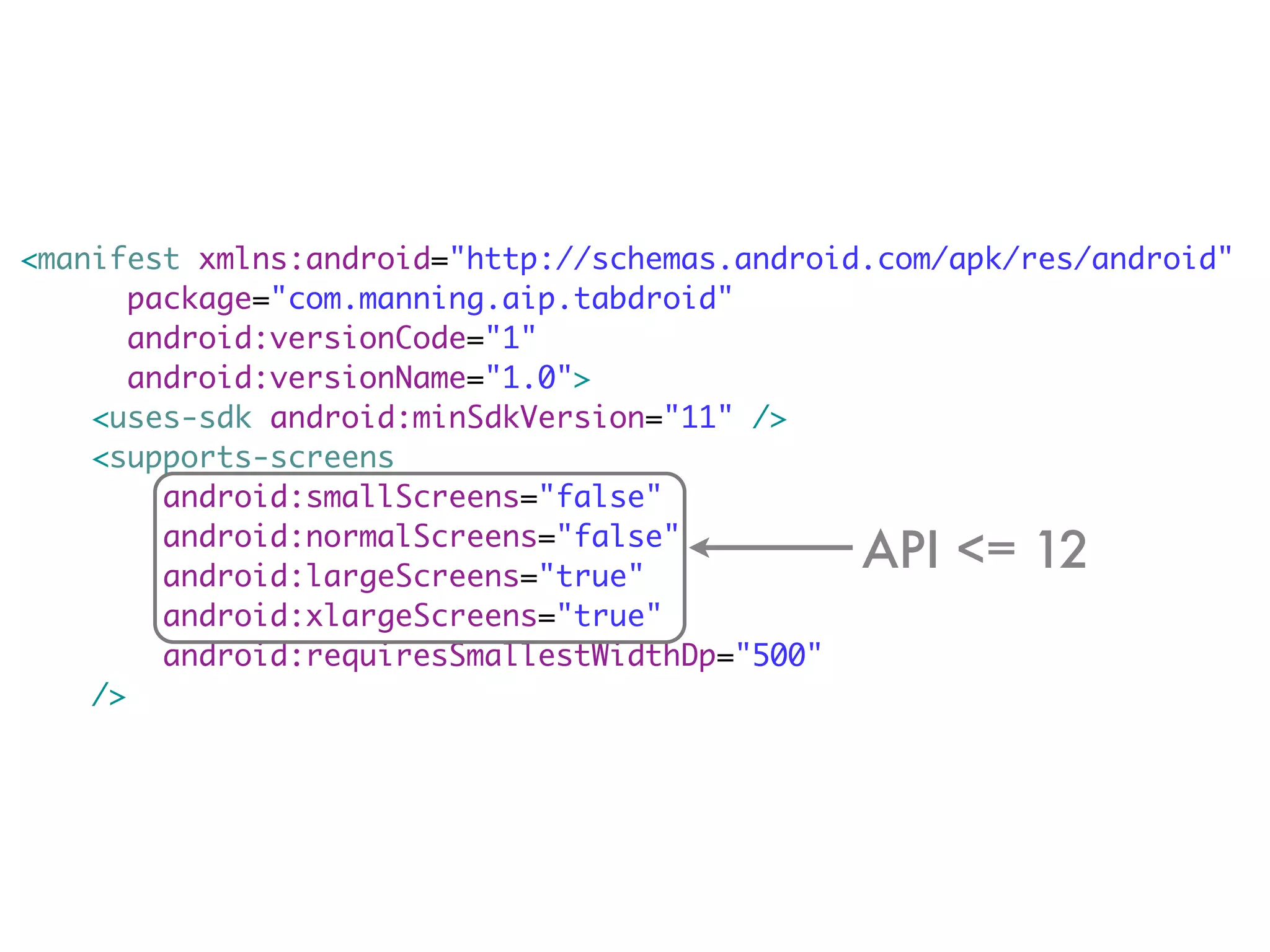 <manifest xmlns:android="http://schemas.android.com/apk/res/android"
       package="com.manning.aip.tabdroid"
       android:versionCode="1"
       android:versionName="1.0">
    <uses-sdk android:minSdkVersion="11" />
    <supports-screens
         android:smallScreens="false"
         android:normalScreens="false"
         android:largeScreens="true"
                                               API <= 12
         android:xlargeScreens="true"
         android:requiresSmallestWidthDp="500"
    />
 