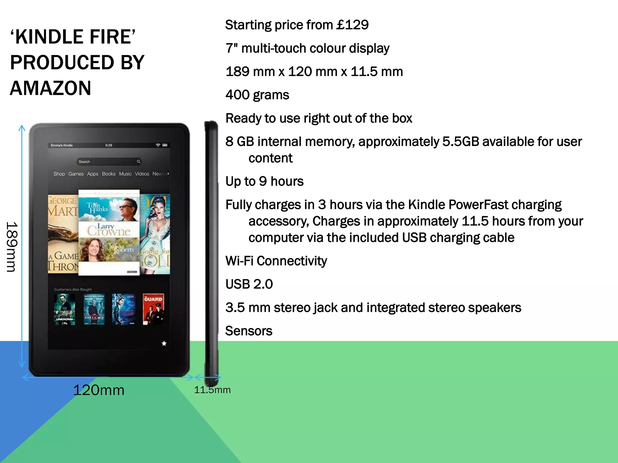‘KINDLE FIRE’
PRODUCED BY
AMAZON

Starting price from £129

7" multi-touch colour display
189 mm x 120 mm x 11.5 mm
400 grams
Ready to use right out of the box
8 GB internal memory, approximately 5.5GB available for user
content
Up to 9 hours

189mm

Fully charges in 3 hours via the Kindle PowerFast charging
accessory, Charges in approximately 11.5 hours from your
computer via the included USB charging cable

Wi-Fi Connectivity
USB 2.0
3.5 mm stereo jack and integrated stereo speakers
Sensors

120mm

11.5mm

 