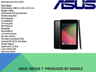 Starting price from £130

Tech Specs
Dimensions: 198.5 x 120 x 10.5 mm
Weight: 340g
LED backlit LCD touchscreen
Multitouchscreen
Corning glass
Loudspeaker
3.5 mm jack
Wi-Fi 802.11
Bluetooth
MicroUSB v2
1.2 front camera
No rear camera
HD video recording 720p
Android OS V4.01 Jelly Bean
NVidia Tegra 3
Quad-core 1.3 GHz
Li-lon 4325 mAh
Talk time 10hrs

ASUS ‘NEXUS 7’ PRODUCED BY GOOGLE

 