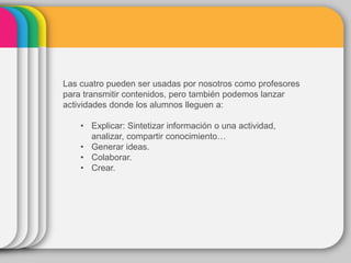Las cuatro pueden ser usadas por nosotros como profesores
para transmitir contenidos, pero también podemos lanzar
actividades donde los alumnos lleguen a:
• Explicar: Sintetizar información o una actividad,
analizar, compartir conocimiento…
• Generar ideas.
• Colaborar.
• Crear.
 