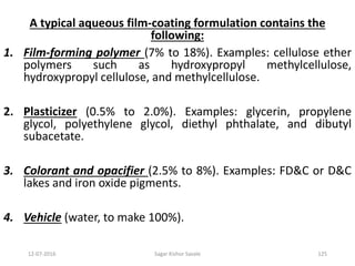 12-07-2016 Sagar Kishor Savale 125
A typical aqueous film-coating formulation contains the
following:
1. Film-forming polymer (7% to 18%). Examples: cellulose ether
polymers such as hydroxypropyl methylcellulose,
hydroxypropyl cellulose, and methylcellulose.
2. Plasticizer (0.5% to 2.0%). Examples: glycerin, propylene
glycol, polyethylene glycol, diethyl phthalate, and dibutyl
subacetate.
3. Colorant and opacifier (2.5% to 8%). Examples: FD&C or D&C
lakes and iron oxide pigments.
4. Vehicle (water, to make 100%).
 
