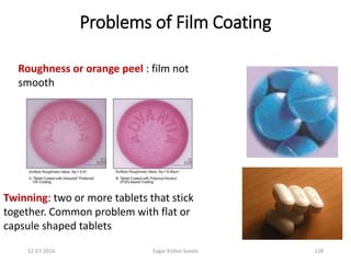 12-07-2016 Sagar Kishor Savale 128
Twinning: two or more tablets that stick
together. Common problem with flat or
capsule shaped tablets
Roughness or orange peel : film not
smooth
Problems of Film Coating
 