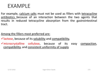 12-07-2016 Sagar Kishor Savale 173
EXAMPLE
For example, calcium salts must not be used as fillers with tetracycline
antibiotics because of an interaction between the two agents that
results in reduced tetracycline absorption from the gastrointestinal
tract.
Among the fillers most preferred are:
lactose, because of its solubility and compatibility,
microcrystalline cellulose, because of its easy compaction,
compatibility, and consistent uniformity of supply
 