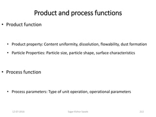 Product and process functions
• Product function
• Product property: Content uniformity, dissolution, flowability, dust formation
• Particle Properties: Particle size, particle shape, surface characteristics
• Process function
• Process parameters: Type of unit operation, operational parameters
21212-07-2016 Sagar Kishor Savale
 