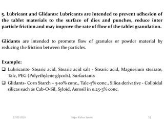 5. Lubricant and Glidants: Lubricants are intended to prevent adhesion of
the tablet materials to the surface of dies and punches, reduce inter
particle friction and may improve the rate of flow of the tablet granulation.
Glidants are intended to promote flow of granules or powder material by
reducing the friction between the particles.
Example:
 Lubricants- Stearic acid, Stearic acid salt - Stearic acid, Magnesium stearate,
Talc, PEG (Polyethylene glycols), Surfactants
 Glidants- Corn Starch – 5-10% conc., Talc-5% conc., Silica derivative - Colloidal
silicas such as Cab-O-Sil, Syloid, Aerosil in 0.25-3% conc.
5112-07-2016 Sagar Kishor Savale
 