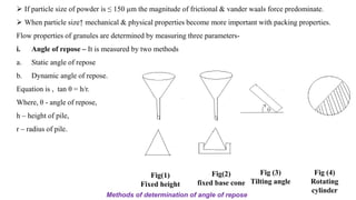 Fig(1)
Fixed height
Fig(2)
fixed base cone
Fig (3)
Tilting angle
Fig (4)
Rotating
cylinder
Methods of determination of angle of repose
135
 If particle size of powder is ≤ 150 µm the magnitude of frictional & vander waals force predominate.
 When particle size↑ mechanical & physical properties become more important with packing properties.
Flow properties of granules are determined by measuring three parameters-
i. Angle of repose – It is measured by two methods
a. Static angle of repose
b. Dynamic angle of repose.
Equation is , tan θ = h/r.
Where, θ - angle of repose,
h – height of pile,
r – radius of pile.
 