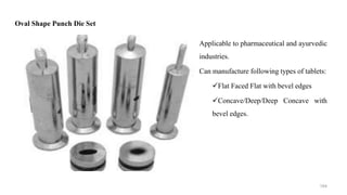 Applicable to pharmaceutical and ayurvedic
industries.
Can manufacture following types of tablets:
Flat Faced Flat with bevel edges
Concave/Deep/Deep Concave with
bevel edges.
Oval Shape Punch Die Set
164
 