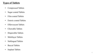 Types of Tablets
• Compressed Tablets
• Sugar coated Tablets
• Film coated Tablets
• Enteric coated Tablets
• Effervescent Tablets
• Chewable Tablets
• Dispersible Tablets
• Multilayer Tablets
• Sublingual Tablets
• Buccal Tablets
• Implant Tablets
3
 