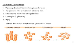 Different steps involved in the Extrusion- Spheronization process
33
Extrusion-Spheronization
 Dry mixing of materials to achieve homogeneous dispersion.
 Wet granulation of the resulted mixture to form wet mass.
 Extrusion of wet mass to form rod shaped particles.
 Rounding off (in spheronizer)
 Drying
 