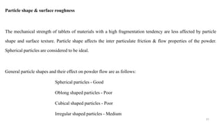 Particle shape & surface roughness
The mechanical strength of tablets of materials with a high fragmentation tendency are less affected by particle
shape and surface texture. Particle shape affects the inter particulate friction & flow properties of the powder.
Spherical particles are considered to be ideal.
General particle shapes and their effect on powder flow are as follows:
Spherical particles - Good
Oblong shaped particles - Poor
Cubical shaped particles - Poor
Irregular shaped particles - Medium
51
 