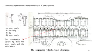 The core components and compression cycle of rotary presses
A: upper punch
B: die cavity
C: die
D: lower punch
The compression is
applied by both the
upper punch and the
lower punch.
The compression cycle of a rotary tablet press 61
 