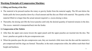 Working Principle of Compression Machine:
1. Filling and Dosing of the Dies
 The material to be pressed reaches the rotary or gravity feeder from the material supply. The fill cam below the
feeder pulls the lower punches down by a fixed amount and the dies are filled with material. The quantity of the
material filled in is larger than the actual amount required i.e. excess dosing is done.
 Thereafter, the dosing unit lifts the lower punches until only the desired quantity of material remains in the dies.
The excess material is transported back into the feeder.
2. Compression of the Tablets
 After that, the upper cam course lowers the upper punch until the upper punches are inserted into the dies. The
lower punches are guide to the pre-compression cam.
 When the punches pass the pre-compression cam, they are inserted a little more into the dies and the material is
pre-compressed and the slugs are formed. Thereafter, in the main compression roller, the tablets reach their final
height and hardness.
64
 