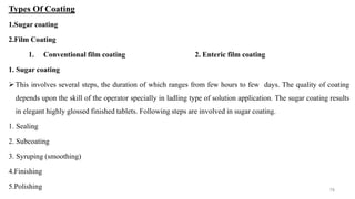 Types Of Coating
1.Sugar coating
2.Film Coating
1. Conventional film coating 2. Enteric film coating
1. Sugar coating
This involves several steps, the duration of which ranges from few hours to few days. The quality of coating
depends upon the skill of the operator specially in ladling type of solution application. The sugar coating results
in elegant highly glossed finished tablets. Following steps are involved in sugar coating.
1. Sealing
2. Subcoating
3. Syruping (smoothing)
4.Finishing
5.Polishing 78
 