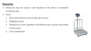 Dispensing
 During this step, the weight of each ingredient in the mixture is determined
according to dose.
 Issues:
a. Dust control (laminar air flow booths, glove boxes)
b. Weighing accuracy
c. Multiple lots of active ingredient with different assays, moisture and residual
solvent content
d. Cross contamination
8
 