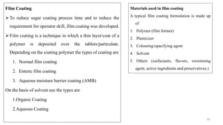 Film Coating
To reduce sugar coating process time and to reduce the
requirement for operator skill, film coating was developed.
Film coating is a technique in which a thin layer/coat of a
polymer is deposited over the tablets/particulate.
Depending on the coating polymer the types of coating are
1. Normal film coating
2. Enteric film coating
3. Aqueous moisture barrier coating (AMB)
On the basis of solvent use the types are
1.Organic Coating
2.Aqueous Coating
83
Materials used in film coating
A typical film coating formulation is made up
of
1. Polymer (film former)
2. Plasticizer
3. Colouring/opacifying agent
4. Solvent
5. Others (surfactants, flavors, sweetening
agent, active ingredients and preservatives.)
 