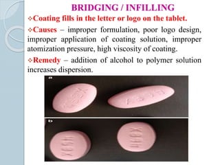 BRIDGING / INFILLING
Coating fills in the letter or logo on the tablet.
Causes – improper formulation, poor logo design,
improper application of coating solution, improper
atomization pressure, high viscosity of coating.
Remedy – addition of alcohol to polymer solution
increases dispersion.
 