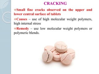 CRACKING
Small fine cracks observed on the upper and
lower central surface of tablets
Causes – use of high molecular weight polymers,
high internal stress
Remedy – use low molecular weight polymers or
polymeric blends.
 
