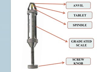 ANVIL
TABLET
SPINDLE
SCREW
KNOB
GRADUATED
SCALE
 