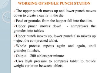 WORKING OF SINGLE PUNCH STATION
The upper punch moves up and lower punch moves
down to create a cavity in the die.
Feed or granules from the hopper fall into the dies.
Upper punch moves down - compresses the
granules into tablets
Upper punch moves up, lower punch also moves up
– eject the compressed tablet.
Whole process repeats again and again, until
granules finishes.
Output – 200 tablets per minute
Uses high pressure to compress tablet to reduce
weight variation between tablets.
 