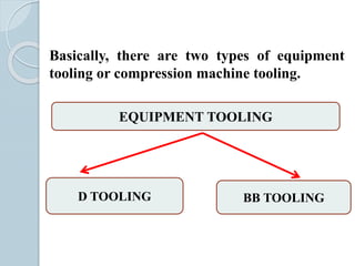 Basically, there are two types of equipment
tooling or compression machine tooling.
EQUIPMENT TOOLING
D TOOLING BB TOOLING
 