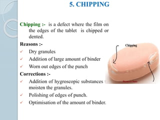 5. CHIPPING
Chipping :- is a defect where the film on
the edges of the tablet is chipped or
dented.
Reasons :-
 Dry granules
 Addition of large amount of binder
 Worn out edges of the punch
Corrections :-
 Addition of hygroscopic substances to
moisten the granules.
 Polishing of edges of punch.
 Optimisation of the amount of binder.
 