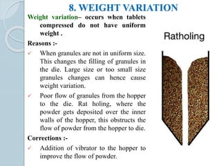 8. WEIGHT VARIATION
Weight variation– occurs when tablets
compressed do not have uniform
weight .
Reasons :-
 When granules are not in uniform size.
This changes the filling of granules in
the die. Large size or too small size
granules changes can hence cause
weight variation.
 Poor flow of granules from the hopper
to the die. Rat holing, where the
powder gets deposited over the inner
walls of the hopper, this obstructs the
flow of powder from the hopper to die.
Corrections :-
 Addition of vibrator to the hopper to
improve the flow of powder.
 