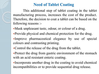 Need of Tablet Coating
This additional step of tablet coating in the tablet
manufacturing process, increases the cost of the product.
Therefore, the decision to coat a tablet can be based on the
following reasons :-
Mask unpleasant taste, odour, or colour of a drug.
Provide physical and chemical protection for the drug.
Improve pharmaceutical elegance by use of special
colours and contrasting printing.
Control the release of the drug from the tablet.
Protect the drug from gastric environment of the stomach
with an acid resistant enteric coating.
Incorporate another drug in the coating to avoid chemical
incompatibilities or to provide sequential drug release.
 