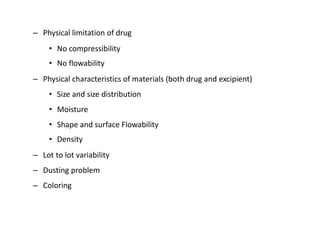 – Physical limitation of drug
• No compressibility
• No flowability
– Physical characteristics of materials (both drug and excipient)
• Size and size distribution
• Moisture
• Shape and surface Flowability
• Density
– Lot to lot variability
– Dusting problem
– Coloring
 
