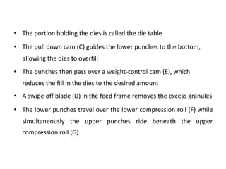 • The portion holding the dies is called the die table
• The pull down cam (C) guides the lower punches to the bottom,
allowing the dies to overfill
• The punches then pass over a weight-control cam (E), which
reduces the fill in the dies to the desired amount
• A swipe off blade (D) in the feed frame removes the excess granules
• The lower punches travel over the lower compression roll (F) while
simultaneously the upper punches ride beneath the upper
compression roll (G)
 