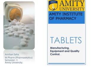 TABLETS
Manufacturing,
Equipment and Quality
Control.Anirban Saha
M.Pharm (Pharmaceutics)
Semester- 1
Amity University.
AMITY INSTITUTE
OF PHARMACY
 