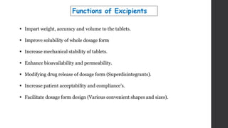  Impart weight, accuracy and volume to the tablets.
 Improve solubility of whole dosage form
 Increase mechanical stability of tablets.
 Enhance bioavailability and permeability.
 Modifying drug release of dosage form (Superdisintegrants).
 Increase patient acceptability and compliance’s.
 Facilitate dosage form design (Various convenient shapes and sizes).
Functions of Excipients
 