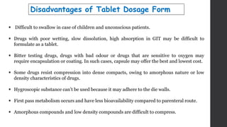  Difficult to swallow in case of children and unconscious patients.
 Drugs with poor wetting, slow dissolution, high absorption in GIT may be difficult to
formulate as a tablet.
 Bitter testing drugs, drugs with bad odour or drugs that are sensitive to oxygen may
require encapsulation or coating. In such cases, capsule may offer the best and lowest cost.
 Some drugs resist compression into dense compacts, owing to amorphous nature or low
density characteristics of drugs.
 Hygroscopic substance can’t be used because it may adhere to the die walls.
 First pass metabolism occurs and have less bioavailability compared to parenteral route.
 Amorphous compounds and low density compounds are difficult to compress.
Disadvantages of Tablet Dosage Form
 