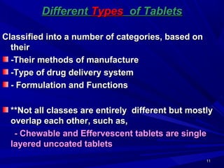 1111
DifferentDifferent TypesTypes of Tabletsof Tablets
Classified into a number of categories, based onClassified into a number of categories, based on
theirtheir
-Their methods of manufacture-Their methods of manufacture
-Type of drug delivery system-Type of drug delivery system
- Formulation and Functions- Formulation and Functions
**Not all classes are entirely different but mostly**Not all classes are entirely different but mostly
overlap each other, such as,overlap each other, such as,
- Chewable and Effervescent tablets are single- Chewable and Effervescent tablets are single
layered uncoated tabletslayered uncoated tablets
 