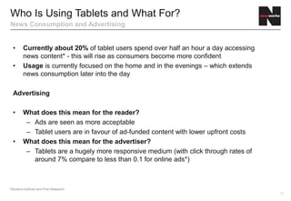 Who Is Using Tablets and What For?
News Consumption and Advertising


  •     Currently about 20% of tablet users spend over half an hour a day accessing
        news content* - this will rise as consumers become more confident
  •     Usage is currently focused on the home and in the evenings – which extends
        news consumption later into the day

  Advertising

  •     What does this mean for the reader?
         – Ads are seen as more acceptable
         – Tablet users are in favour of ad-funded content with lower upfront costs
  •     What does this mean for the advertiser?
         – Tablets are a hugely more responsive medium (with click through rates of
           around 7% compare to less than 0.1 for online ads*)



*Reuters Institute and Pew Research
                                                                                      10
 