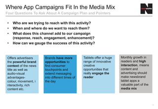 Where App Campaigns Fit In the Media Mix
Four Questions To Ask About A Campaign Plan and Pointers

•   Who are we trying to reach with this activity?
•   When and where do we want to reach them?
•   What does this channel add to our campaign
    (response, reach, engagement, enhancement)?
•   How can we gauge the success of this activity?



Offers advertisers    Brands have more          Tablets offer a huge   Monthly growth in
the powerful brand    opportunities to          range of innovative    readers and high
context of the news   find consumer             creative               interaction, means
title as well as      touchpoints and           opportunities that     content and
audio-visual          extend messaging          really engage the      advertising should
advantages-           into different times of   reader                 make newsbrand
colour, movement, i   the day                                          tablet apps a
nteractivity, rich                                                     valuable part of the
content etc.                                                           media mix



                                                                                              13
 