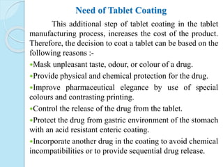 Need of Tablet Coating
This additional step of tablet coating in the tablet
manufacturing process, increases the cost of the product.
Therefore, the decision to coat a tablet can be based on the
following reasons :-
Mask unpleasant taste, odour, or colour of a drug.
Provide physical and chemical protection for the drug.
Improve pharmaceutical elegance by use of special
colours and contrasting printing.
Control the release of the drug from the tablet.
Protect the drug from gastric environment of the stomach
with an acid resistant enteric coating.
Incorporate another drug in the coating to avoid chemical
incompatibilities or to provide sequential drug release.
 