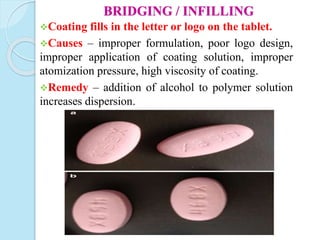 BRIDGING / INFILLING
Coating fills in the letter or logo on the tablet.
Causes – improper formulation, poor logo design,
improper application of coating solution, improper
atomization pressure, high viscosity of coating.
Remedy – addition of alcohol to polymer solution
increases dispersion.
 