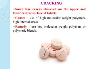 CRACKING
Small fine cracks observed on the upper and
lower central surface of tablets
Causes – use of high molecular weight polymers,
high internal stress
Remedy – use low molecular weight polymers or
polymeric blends.
 