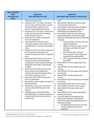 Fujitsu STYLISTIC
        Q702                            Apple iPad                                        Apple iPad
   (with Microsoft               (with Quickoffice Pro HD)                 (with Apple Pages, Numbers, and Keynote)
        Office)
                           slides was not the same.                         work.
                          PowerPoint PPT: The slide 2 animation           Word DOCX1: We were not able to add a
                           was incorrect, with the column 1 words           comment to the document.
                           over top of other words and not in              Word DOCX1: Bullet points did not appear.
                           column 1 and no gradual animation.              Word DOCX1: An extra blank page was
                          PowerPoint PPT: The slide 7 artwork was          added before the Appendix section.
                           rendered incorrectly with rectangular           Word DOCX2: When the document was
                           boxes instead of pictures.                       opened with Pages, a Document Import
                          PowerPoint PPT: Slide 17 hyperlinks              Warnings dialog appeared with the following
                           were not underlined.                             message:
                          PowerPoint PPTX: The slides were                      o The font Calibri is missing. Your text
                           missing the gradient colors used in fonts                might look different.
                           and bullet points, and were instead plain             o Objects in headers, footers, shapes,
                           white.                                                   text boxes, and table cells were
                          PowerPoint PPTX: The slide 4 animations                  removed.
                           were missing and instead were all                     o All comments were removed.
                           stacked on top of each other in a garbled             o The missing font Courier New was
                           mess.                                                    replaced by CourierNewPSMT.
                          PowerPoint PPTX: Slide 8, 9, 10, and 11               o The missing font Arial was replaced
                           missing animations and instead was                       by ArialMT.
                           showing entire slide instead of showing         Word DOCX2: The front-page header was
                           things that were hidden and gradually            missing.
                           revealed.                                       Word DOCX2: The front-page footer was
                          PowerPoint PPTX: Slide 24 animations             missing.
                           were missing and the application                Word DOCX2: The front-page report graphic
                           windows that should have been shown              was missing.
                           were either missing or cut off.                 Word DOCX2: Tracked changes were
                          PowerPoint PPTX: Slide 26 hyperlinks             missing.
                           were not underlined.                            Word DOCX2: Page formatting was rendered
                          Excel XLSX1: It took roughly 5 minutes to        incorrectly.
                           load the XLSX file.                             Word DOCX2: Bullet points were missing.
                          Excel XLSX1: It took over 6 minutes to          Word DOCX2: Comments were missing.
                           save the edited XLSX file back to the           Word DOCX2: The report charts were
                           network.                                         missing.
                          Collaborating on a Shared XLSX file:            Word DOCX2: The company logo (object)
                           Quickoffice does not support working on          graphic was missing.
                           a shared XLSX file at the same time as          Excel XLS: When the spreadsheet was
                           another user.                                    opened with Numbers, a Spreadsheet
                                                                            Import Warnings dialog appeared with the
                                                                            following message:
                                                                             o Unsupported formulas were removed.
                                                                                 The last calculated values were
                                                                                 imported.


Comparing tablets in secure environments:                                       A Principled Technologies test report 15
Intel Core i5 vPro processor-based Windows 8 tablet vs. Apple iPad
 