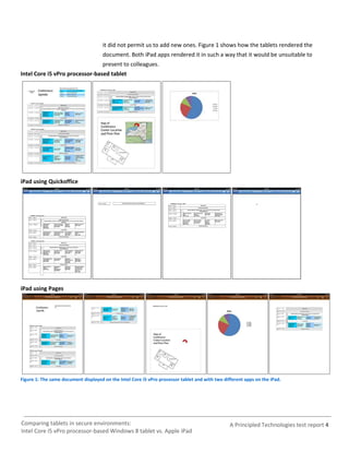 it did not permit us to add new ones. Figure 1 shows how the tablets rendered the
                                      document. Both iPad apps rendered it in such a way that it would be unsuitable to
                                      present to colleagues.
Intel Core i5 vPro processor-based tablet




iPad using Quickoffice




iPad using Pages




Figure 1: The same document displayed on the Intel Core i5 vPro processor tablet and with two different apps on the iPad.




Comparing tablets in secure environments:                                                        A Principled Technologies test report 4
Intel Core i5 vPro processor-based Windows 8 tablet vs. Apple iPad
 